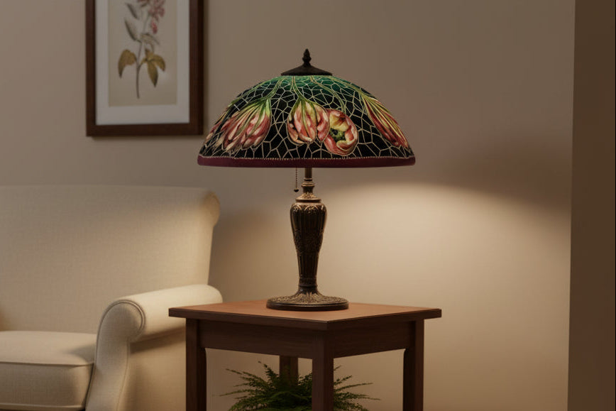 Reverse Hand Painted Mosaic Tulips Lamp by Jamie Barthel