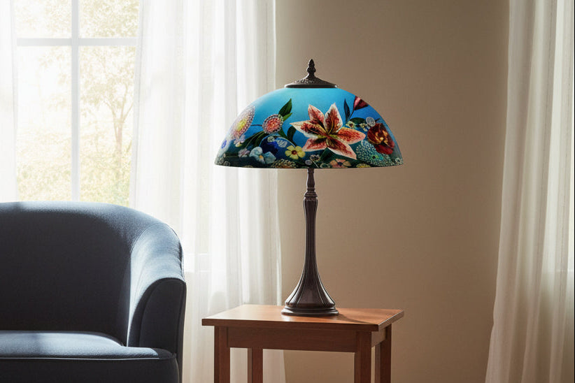 Reverse Hand Painted Summer Bouquet Lamp by Jamie Barthel